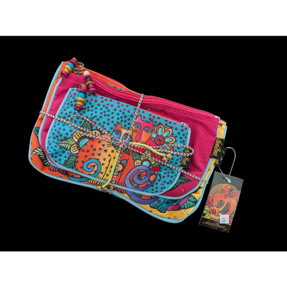 NWT Laurel Burch Cat Boho Pouches Set of 3 MAKEUP BAGS Gift Set - Picture 1 of 2